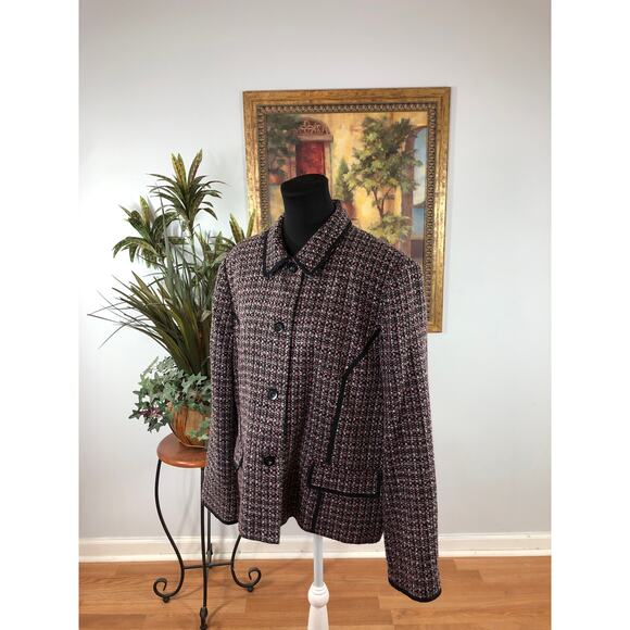 JM Collection Tweed Jacket Size 18 Contrasting Black Trim Button Up 4 Buttons - Picture 4 of 8
